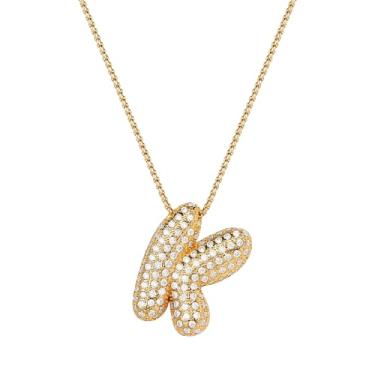 Imagem de Mint & Lily Colar feminino com inicial de ouro Pave Bubble – banhado a ouro 18K sobre latão com corrente delicada, presente para mulheres, Latão, Sem Pedra Preciosa