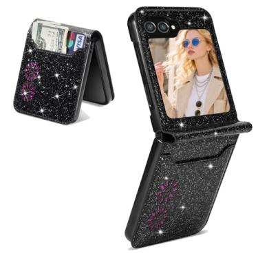 Imagem de Kruysozz Capa para Galaxy Z Flip 6 & Z Flip 5, capa carteira de couro brilhante à prova de choque com suporte para cartão meninas mulheres capa protetora para Samsung Galaxy Z Flip6 e Z Flip5 (preto)