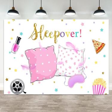 Imagem de ASDCXZ 2,1 x 1,5 m Pano de fundo para festa do pijama rosa branco fundo fotográfico travesseiro luta estrelas coloridas meninas spa maquiagem faixa de aniversário decoração de criança retrato foto