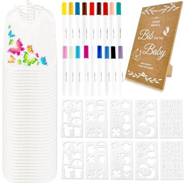 Imagem de Swakuta O kit de design de jogos de chá de bebê com 65 peças inclui 36 babadores brancos em branco faça você mesmo, 10 estêncil, 1 placa de jogo de madeira, 18 marcadores de tecido para decoração de