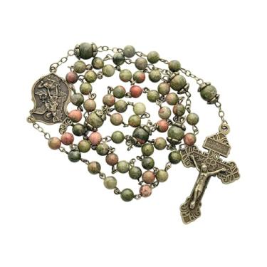 Imagem de Intercession Rosário de São Miguel de Pedra Natural – Contas de pedra preciosa verde e tom de terra feitas à mão com crucifixo de bronze antigo e medalha, Medium, Liga de aço, Sem Pedra Preciosa