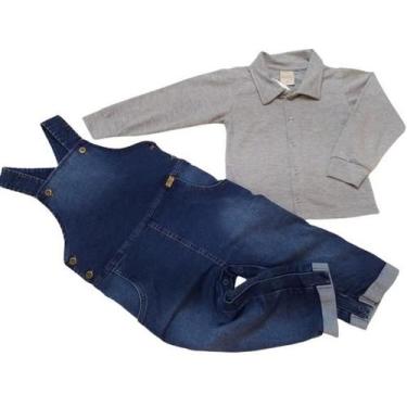 Imagem de Kit Jardineira Jeans + Camisa Longa Luxo Menino Katita 27117, Jeans, 1