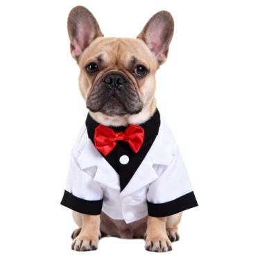 Imagem de Camiseta preta, branca e azul para casamento, smoking para filhotes, roupa formal para cães, smoking para cachorro, fantasia de terno e gravata branca pequena