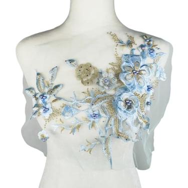 Imagem de Carytalee 1 peça de tecido de flores de renda azul 3D bordado contas apliques para decoração de vestido de noiva de casamento, decoração de roupas de costura faça você mesmo, 33 x 25 cm