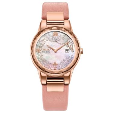 Imagem de Citizen Relógio feminino Eco-Drive Disney Princess Belle, pulseira de couro rosa, mostrador branco, data (modelo: GA1083-43D)