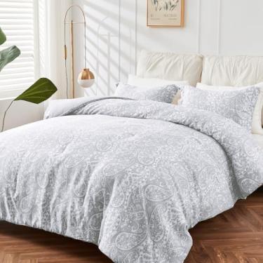 Imagem de HENGWEITEXT Conjunto de edredom King com 3 peças, alternativo para todas as estações, tamanho king size, com lençóis, bolso profundo, ultramacio e fofo, cinza claro