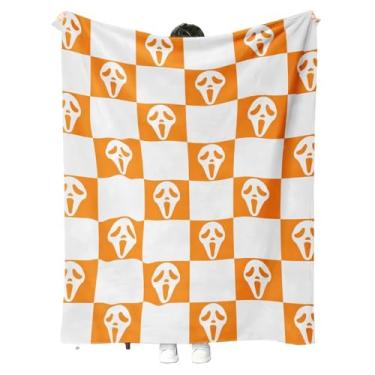 Imagem de Cobertor de rosto assustador de Halloween, padrão xadrez laranja e branco, cobertores fantasmas de Halloween, presentes difusos para sofá e quarto (verde e preto, 203 x 152 cm) (101 x 76 cm)