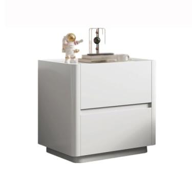 Imagem de Mesa de cabeceira branca de madeira com laje de pedra simples, mesa de cabeceira para quarto doméstico, armário, mesa de cabeceira (média)