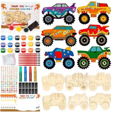 Imagem de Bafeil Lembranças de festa de caminhão monstro, 24 peças DIY kit de artesanato de pintura de caminhão de madeira com ímãs, suprimentos de festa de aniversário de carro, monster trucks decorações de