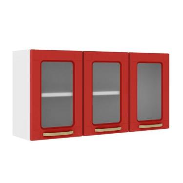 Imagem de Armário Aéreo Aço 3 Portas de Vidro Colors Bertolini, Vermelho/Branco