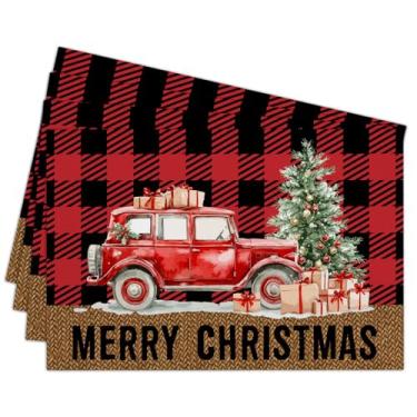 Imagem de Conjunto de 4 jogos americanos xadrez vermelho e preto, conjunto de 4, tapetes de mesa de algodão e linho à prova d'água para decoração de Natal e cozinha, mesa de jantar, lavável e limpável -011