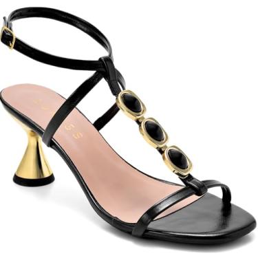 Imagem de Sandália Feminina Lumiss Salto Baixo Taça Dourado Confortável Enfeite Pedras Fivela preto35