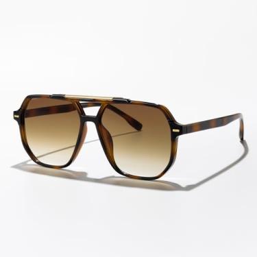 Imagem de Óculos de sol quadrados modernos com ponte dupla para homens e mulheres, piloto, aviador, para esportes de viagem ao ar livre, UV400, Armação listrada marrom/lente marrom gradiente, Lens Width: 57