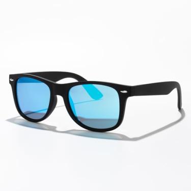 Imagem de Óculos de sol modernos com rebite para caminhadas, vintage, unissex, óculos de sol modernos para uso ao ar livre UV400, Armação preta de borracha/lente espelhada azul, Lens Width: 52 Millimeters