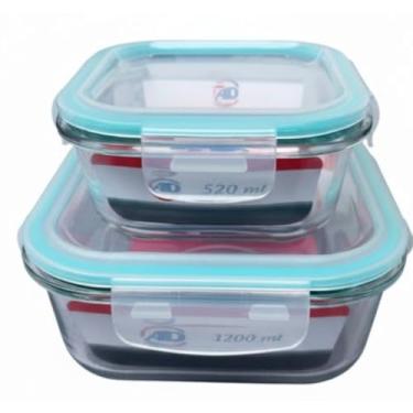 Imagem de Kit 2 Potes de Vidro Borossilicato Quadrado, Hermético, para Armazenamento de Alimentos e Marmitas, com Tampa (1200ml e 520ml)