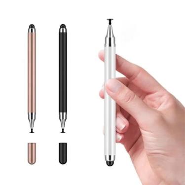 Imagem de Canetas Stylus para telas sensíveis ao toque, pacote com 3 canetas capacitivas universais 2 em 1 com pontas de disco e silicone – compatíveis com iPad, iPhone, Android, tablets, laptops – preto
