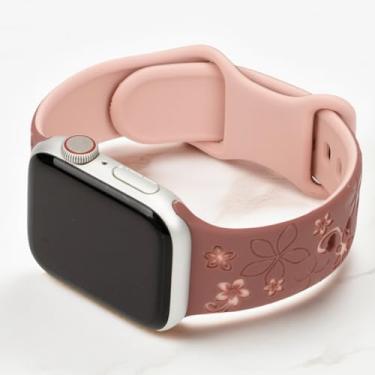 Imagem de Pulseira de relógio de silicone com gravação floral, macia, ajustável, com design de flor, à prova d'água, pulseira de substituição para esportes fitness (cor dupla face, 38)