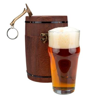 Imagem de Conjunto de presente de cerveja XWOOD – Copo de vidro com caixa de barril de madeira e abridor de garrafas de metal | Presentes de cerveja exclusivos para homens