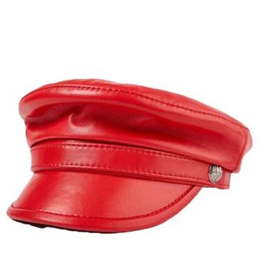 Imagem de Chapéus masculinos/femininos militares para estudantes unissex lazer couro genuíno motociclista bonés planos, Vermelho, 55 56 CM