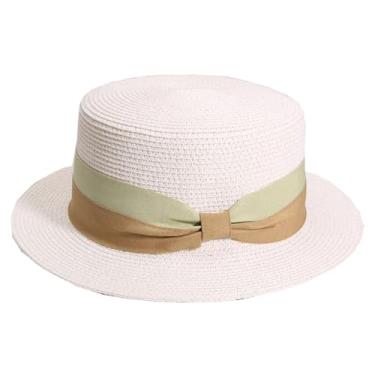Imagem de Chapéu de palha feminino de verão de topo plano, chapéu de proteção solar, chapéu de proteção solar, para viagem, férias, branco, ajustável, 56-58 cm