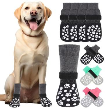 Imagem de BINGPET 4 peças de meias para cães para evitar lamber patas, punhos duplos, sapatos para cães para pavimento quente e pisos de madeira antiderrapante, botas de tração para cães e protetores de patas