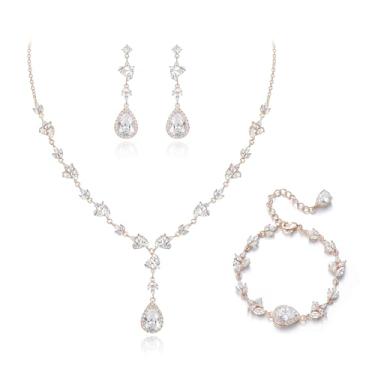 Imagem de Crysdue Conjunto de joias de noiva em forma de gota para festa de casamento, prata/14 k/banhado a ouro rosa, bijuteria de fantasia para noivas, damas de honra, mulheres, colar de zircônia cúbica com