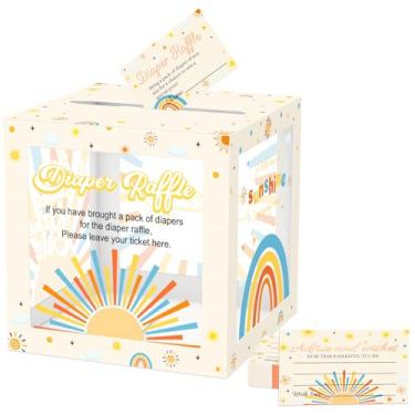 Imagem de QISOLIY 51 peças de sorteio de fraldas com caixa, Here Comes the Son Baby Show, convites, sorteio de fraldas, caixa de cartões para chá de bebê (tema Sunshine)