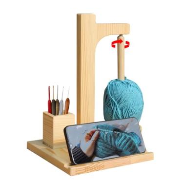 Imagem de BloVine Suporte de fio para crochê e tricô, suporte de fio de madeira com suporte de bola de fio de pêndulo giratório magnético, com suporte para celular e suporte de crochê, presente de crochê para