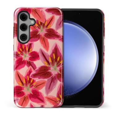 Imagem de Capa compatível com Samsung Galaxy S24 Plus, capa rígida híbrida de policarbonato de 2 camadas + capa protetora de silicone, estampa floral de lírio rosa resistente a arranhões à prova de choque para