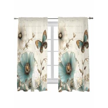 Imagem de Cortinas translúcidas de flores turquesa para quarto e sala de estar, flores botânicas de primavera, cortinas de café borboleta, 153 cm de comprimento, cortinas vintage de voile de fazenda, cozinha