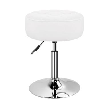 Imagem de WKWKER Banco de maquiagem estofado de veludo giratório ajustável para sala de maquiagem, pequeno otomano redondo para sala de estar, cadeira de maquiagem para quarto, salão de beleza, estúdio (branco)
