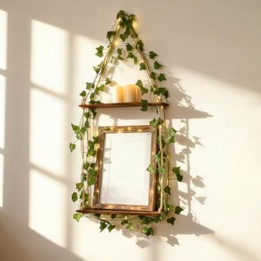 Imagem de Artilady Prateleiras suspensas de macramê artificial de 3 níveis com luzes, decoração de parede boho, prateleira de madeira rústica para armazenamento de plantas para quarto, banheiro, sala de estar