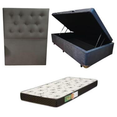 Imagem de Cama Box Baú Solteiro Blindada com Colchão Solteiro Espuma D20 12cm | Kit Completo com Cabeceira Botonê Opcional | Diversas Cores (3, SUEDE CINZA, COM CABECEIRA)
