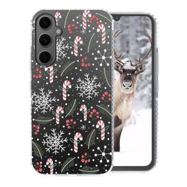 Imagem de FOQENCCI Capa de Natal para Galaxy S24 FE 5G TPU transparente + proteção da moldura da câmera preta à prova de choque com design de estampa de guirlanda de bengala doce de Natal