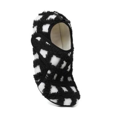 Imagem de LOIRIT Pantufas femininas e masculinas, sola de borracha, para uso interno, meias felpudas, leves, antiderrapantes e descalços, Preto, branco, 9-10 Women/8-9 Men