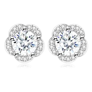 Imagem de Oneress Brincos de zircônia cúbica folheados a platina, brincos de zircônia cúbica de casamento, brincos de flor de cinco pétalas, presentes de festa de aniversário para mulheres e meninas, Medium,