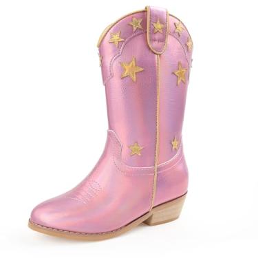 Imagem de Botas de caubói/vaqueira para meninos/meninas, botas infantis com bico quadrado ocidental com zíper lateral (branco + marrom + marrom escuro), Rosa vaca-1, 15