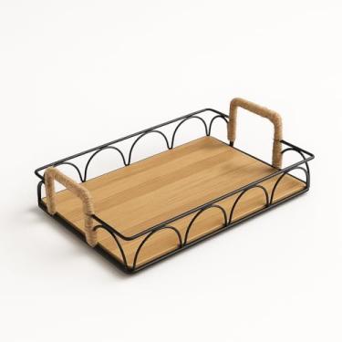 Imagem de Bandeja Decorativa de Bambu com Alças em Corda e Estrutura de Metal – Ideal para Mesa, Café da Manhã, Servir, Centro de Mesa e Decoração (Retangular Preto)