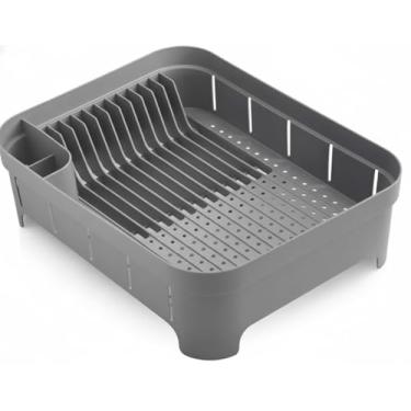 Imagem de Escorredor de Louça em Plástico Cinza com Compartimentos, Organizador de Pratos e Talheres para Cozinha, Base com Drenagem