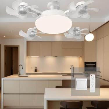 Imagem de Ababila Ventilador de luz com controle remoto, parafuso E27, 3 temperaturas de cor, 3 velocidades de vento, 4 cabeças, lâmpada de ventilador de teto regulável (branco, 4 cabeças)