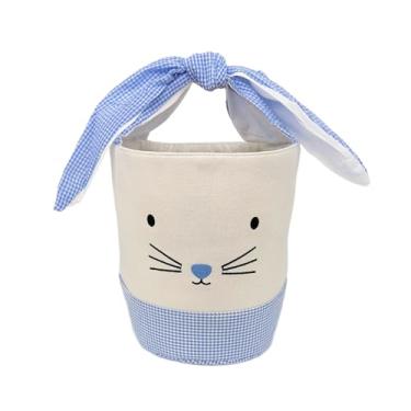 Imagem de Cesta de lona de coelhinho da Páscoa, cesta de ovos de Páscoa, rosto de coelho, branca com padrão guingão, 20 x 25 cm, alça dobrável (azul)