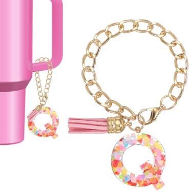 Imagem de Berloque de letras para copo Stanley, lindo pingente inicial Q acessórios para chaveiro Stanley Tumbler Handle chaveiro personalizado para mulheres, rosa