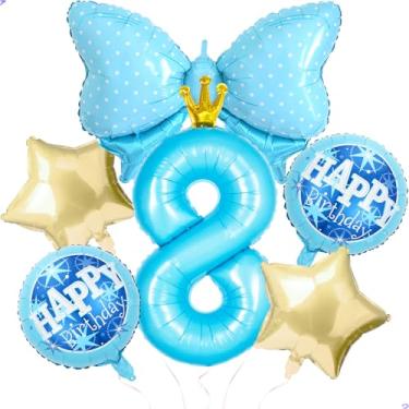 Imagem de Balões de princesa azul para decoração de festa de aniversário de 8 anos da Cinderela, balão de coroa de ouro azul 101,6 cm Gaint Balão de 8º aniversário para decoração de aniversário de princesa