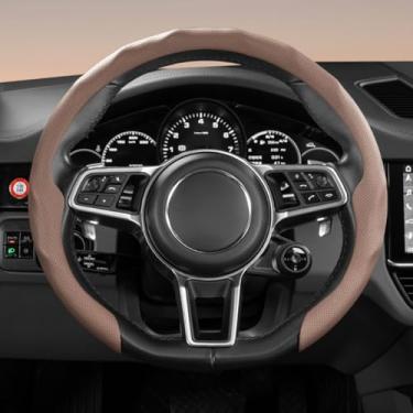 Imagem de Capa de volante universal de couro napa premium de 38 cm - antiderrapante, macia e confortável, fácil instalação para a maioria dos carros (marrom mocha)