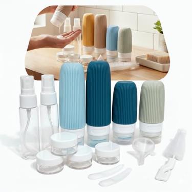 Imagem de Kit 16 Frascos de Viagem Recarregáveis Silicone Premium Antivazamento – Recipientes para Shampoo, Cremes e Cosméticos + Bolsa Transparente TSA | Organização e Praticidade em Viagens (Tons Azuis)