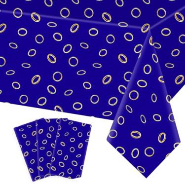 Imagem de Hikio 3 peças de toalha de mesa de plástico com estampa de anel de ouro azul 277 x 137 cm, capa de mesa de tinsel de desenho animado para aniversário de videogame, artigos de festa temáticos