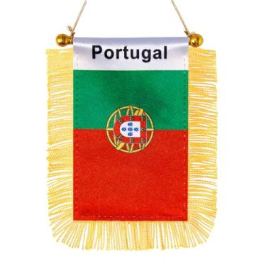 Imagem de JBSJBS Bandeira pendurada de Portugal mini bandeiras de janela de carro portuguesas pequenas bandeiras de espelho retrovisor decoração bandeiras de Portugal com ventosa com franjas douradas dupla face