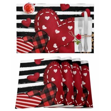 Imagem de Jogo americano Love Heart para Dia dos Namorados, conjunto de 6 tapetes de mesa com listras pretas com estampa de leopardo, jogo americano sazonal para cozinha, jantar, casamento, aniversário