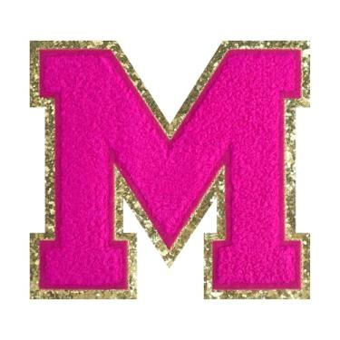 Imagem de 1 peça de patch de letra de chenille rosa de 11,4 cm com borda dourada – Remendos do alfabeto para roupas, jaquetas, mochilas, chapéus para decoração personalizada, nome personalizado e artesanato. (M