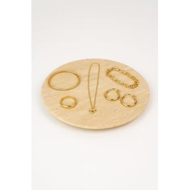 Imagem de noadre Bandeja redonda de mármore travertino natural de 25 cm – organizador decorativo para joias, velas e perfume, armazenamento de bancada para banheiro, cômoda e cozinha, presente para mulheres